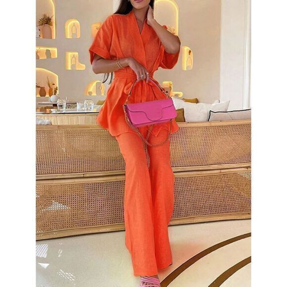Commense Linen Cotton Orange Two-Piece Set Kimono-Style Top Wide-Leg Pant Outfit - Picture 4 of 16